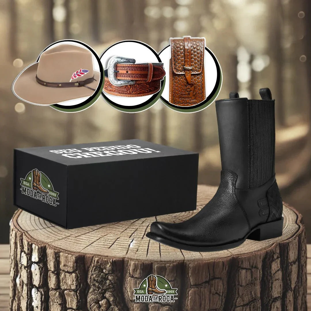 Kit Bota Maverick 2.0 Masculino de Cuero Legítimo + 3 REGALOS: Cinturón, Sombrero y Cartera