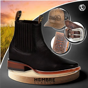 Kit Bota Ortopédica Masculina Force de 100% Cuero Bovino + Cinturón Country, Gorro Estilo Modão y Cartera ¡GRATIS!