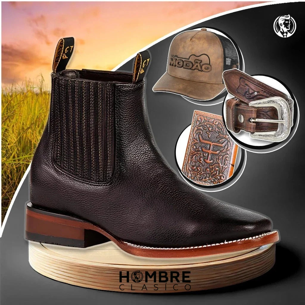 Kit Bota Ortopédica Masculina Force de 100% Cuero Bovino + Cinturón Country, Gorro Estilo Modão y Cartera ¡GRATIS!