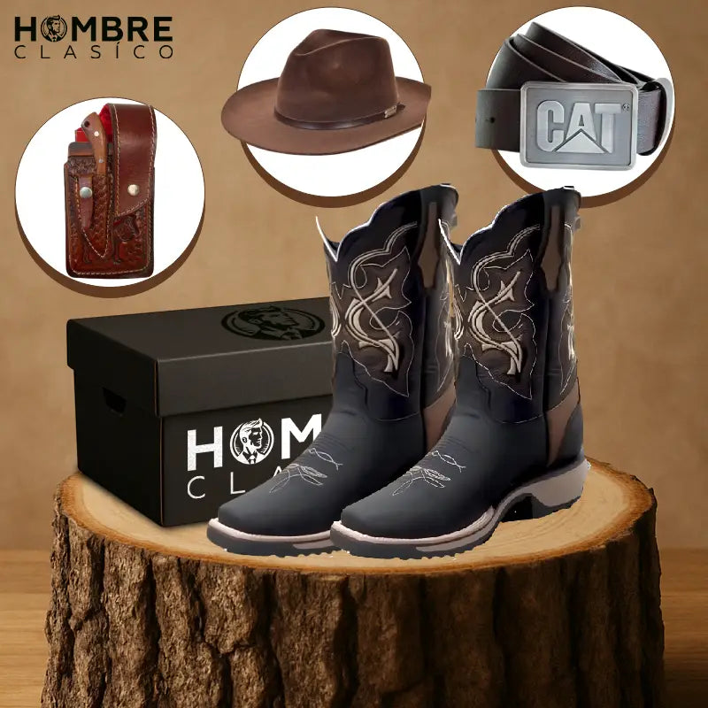 Kit Bota Serrano de Cuero Auténtico con Suela Antideslizante +3 REGALOS: Sombrero, Funda y Cinturón de Cuero!