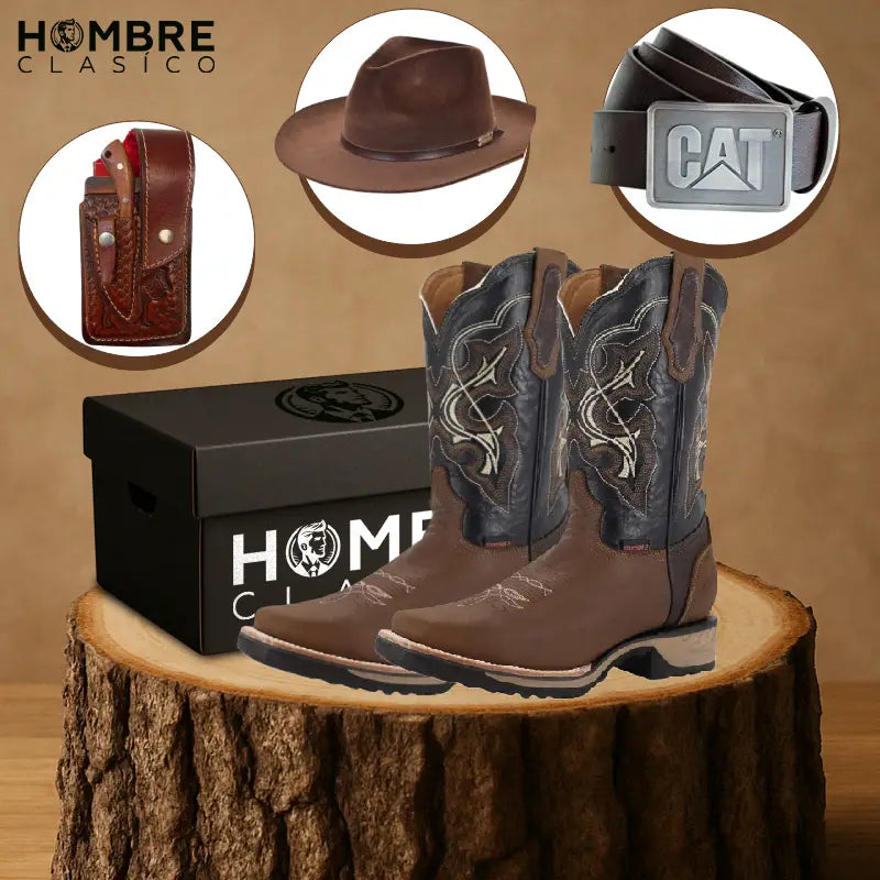 Kit Bota Serrano de Cuero Auténtico con Suela Antideslizante +3 REGALOS: Sombrero, Funda y Cinturón de Cuero!