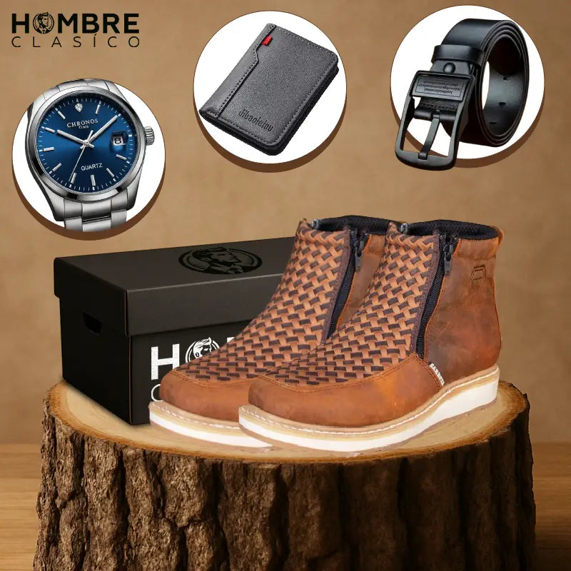 Kit Bota Venturo de Cuero Auténtico con Suela Antideslizante +3 REGALOS: Cinturón, Reloj y Billetera de Cuero.